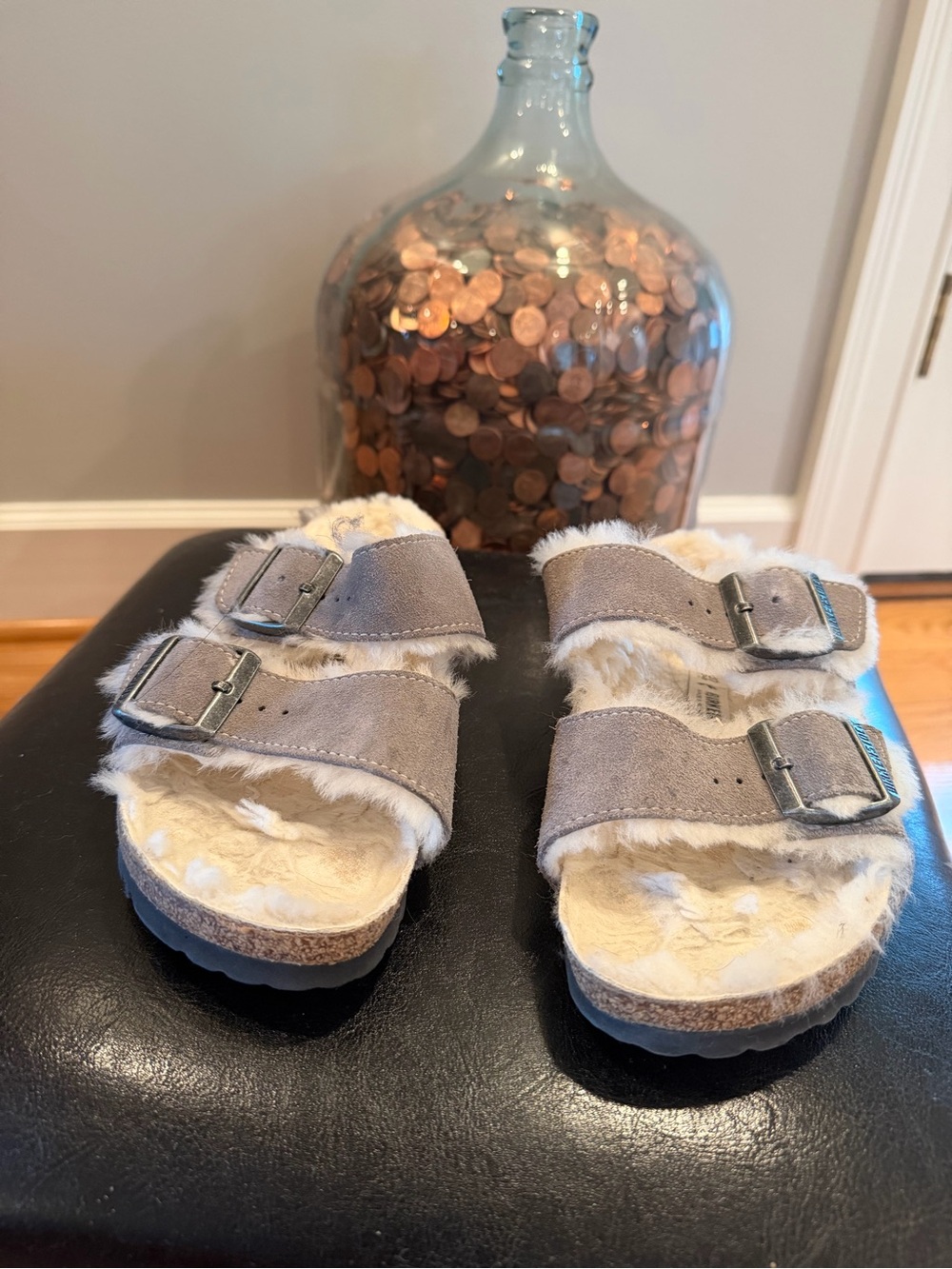 Birkenstock Suede Double Buckle Sandals - Gray and Cream